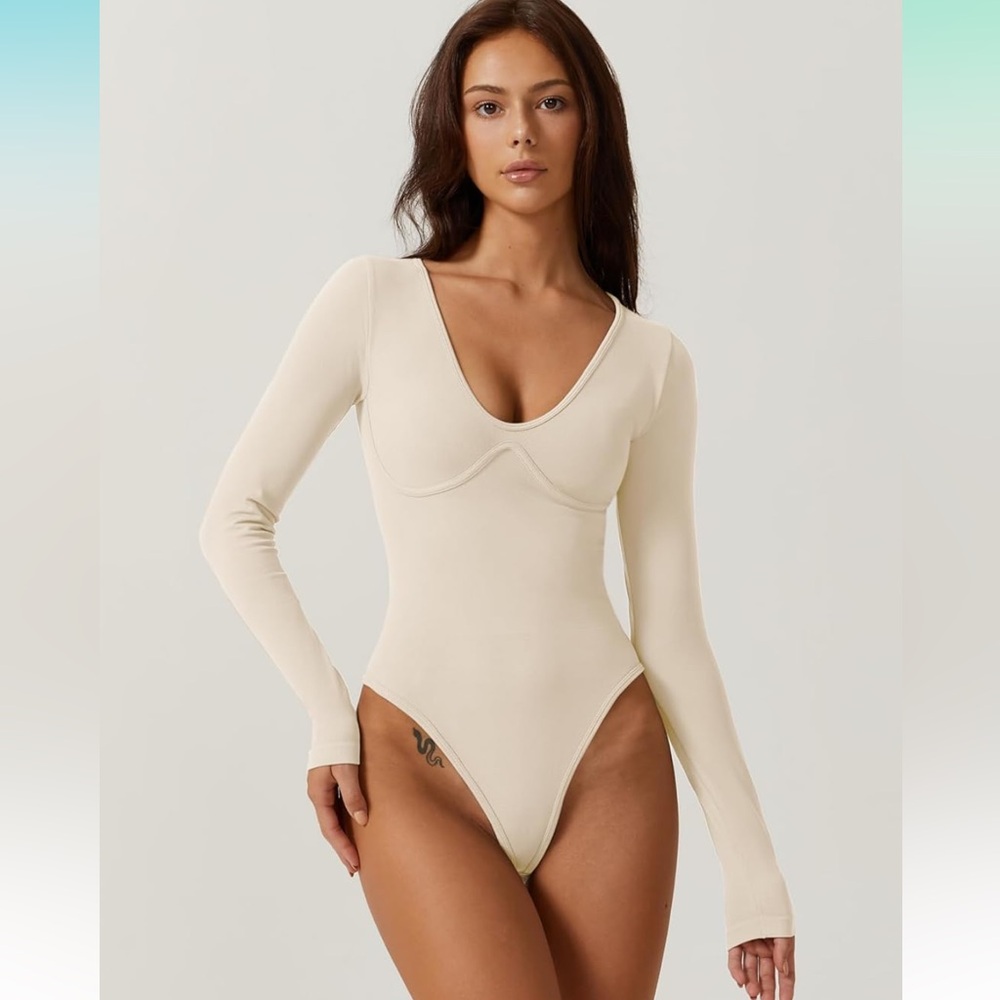 Amazon Qinsen V-Neck Bodysuit Cream Size M